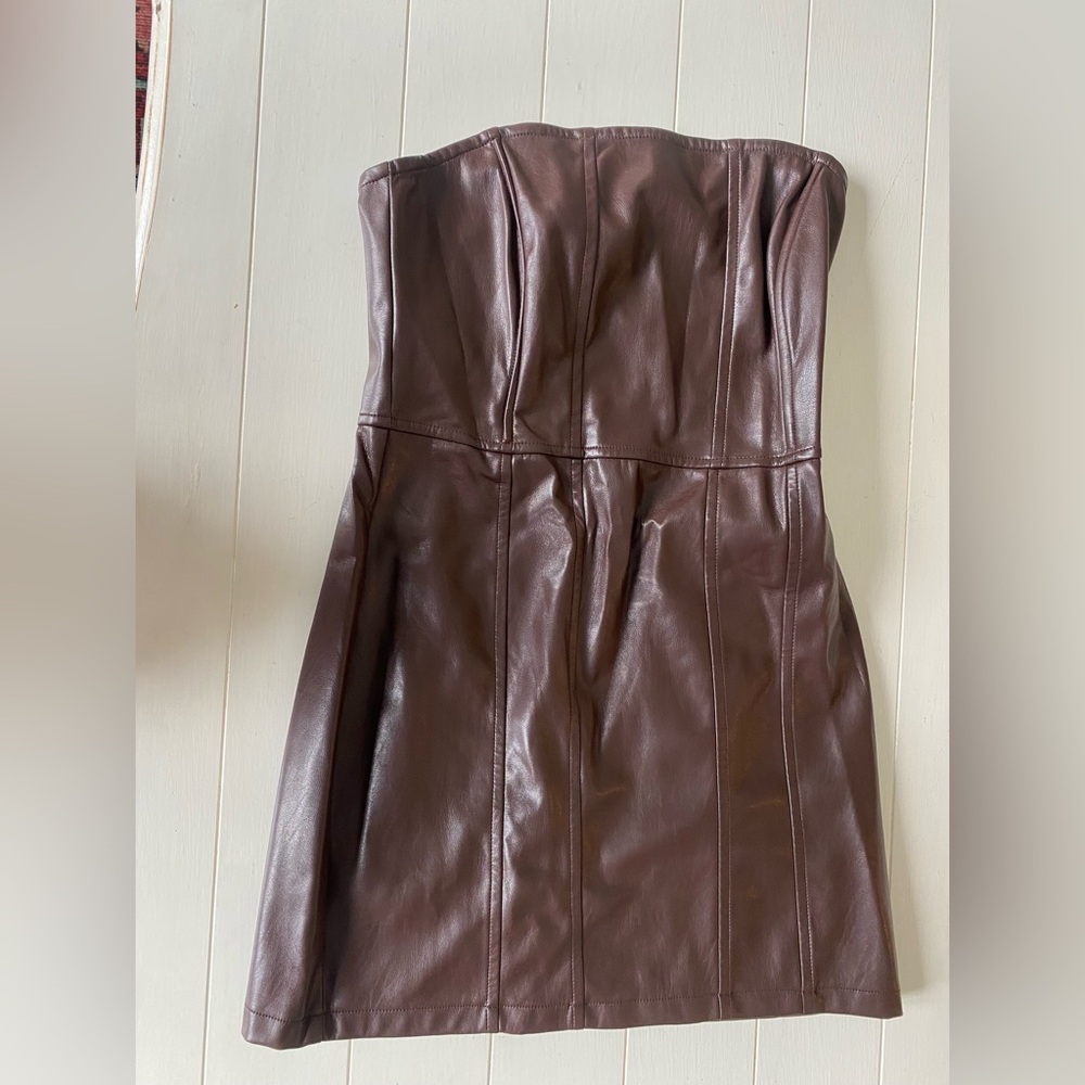 Brown faux leather mini dress